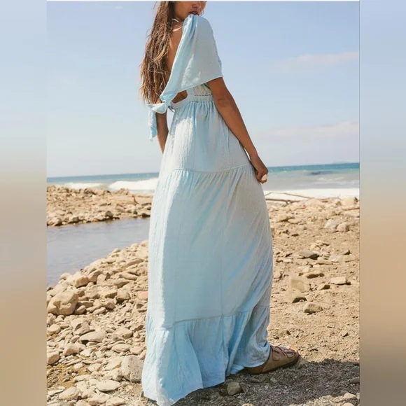 Light Blue V-Neck Maxi Dress - Elegant Tiered Summer Dress - Picture 3 of 5